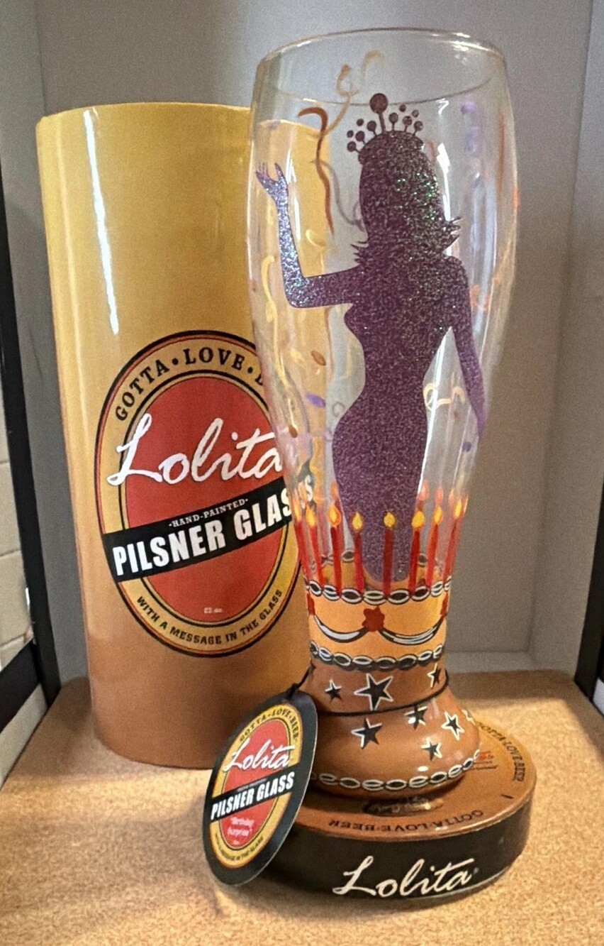 Lolita Hand-Painted 22 oz Pilsner Glass “Birthday Surprise” Breweriana Theme NIB